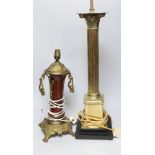 A Corinthian column lamp base and a two handled brass lamp base, tallest 60cms excluding light