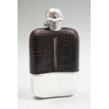 A George V silver and leather mounted glass hip flask, Mappin & Webb, Sheffield, 1923, 15cm.