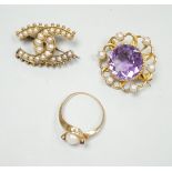An Edwardian yellow metal and split pearl set double horseshoe brooch, 26mm, an amethyst and split