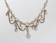 A modern Edwardian style 9ct gold and moonstone cluster set drop fringe necklace, 42cm, gross weight