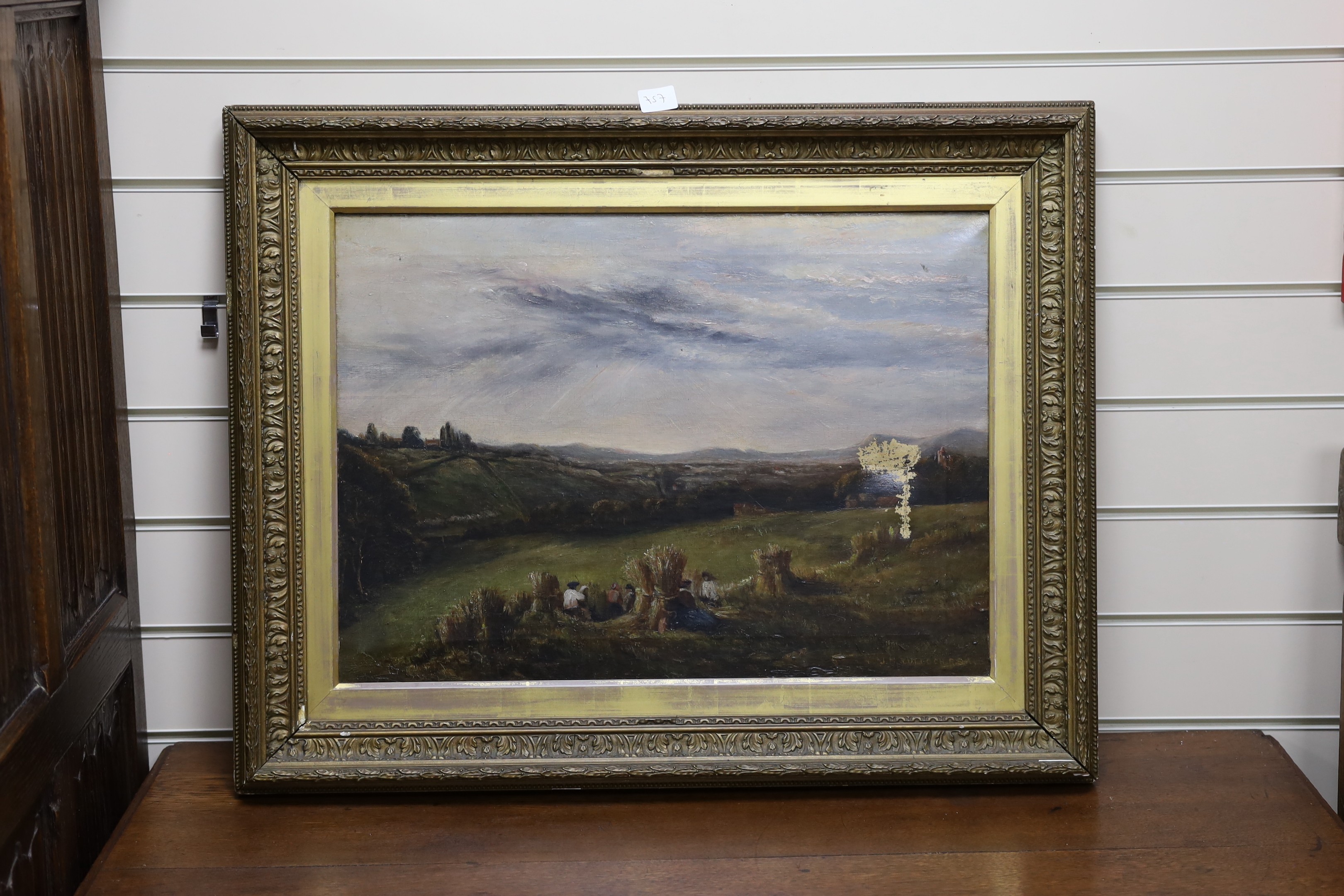 J. McCulloch RSA, oil on canvas, Harvesters at rest in a landscape, signed, 40 x 56cm, canvas - Image 2 of 2