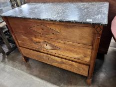A 19th century continental fruitwood commode with grey marble top, width 122cm, depth 58cm, height
