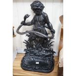 A Victorian style black painted cast iron infant Hercules stick stand in the Coalbrookdale style,