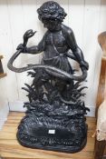 A Victorian style black painted cast iron infant Hercules stick stand in the Coalbrookdale style,