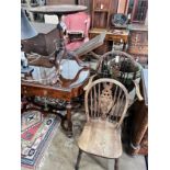 A George III style mahogany tripod table, diameter 49cm, height 60cm, and two wheelback chairs *