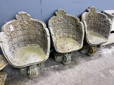 Three reconstituted stone tub garden chairs, width 45cm, depth 46cm, height 82cm*Please note the