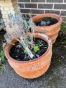 Two circular terracotta planters, larger height 30cm *Please note the sale commences at 9am.