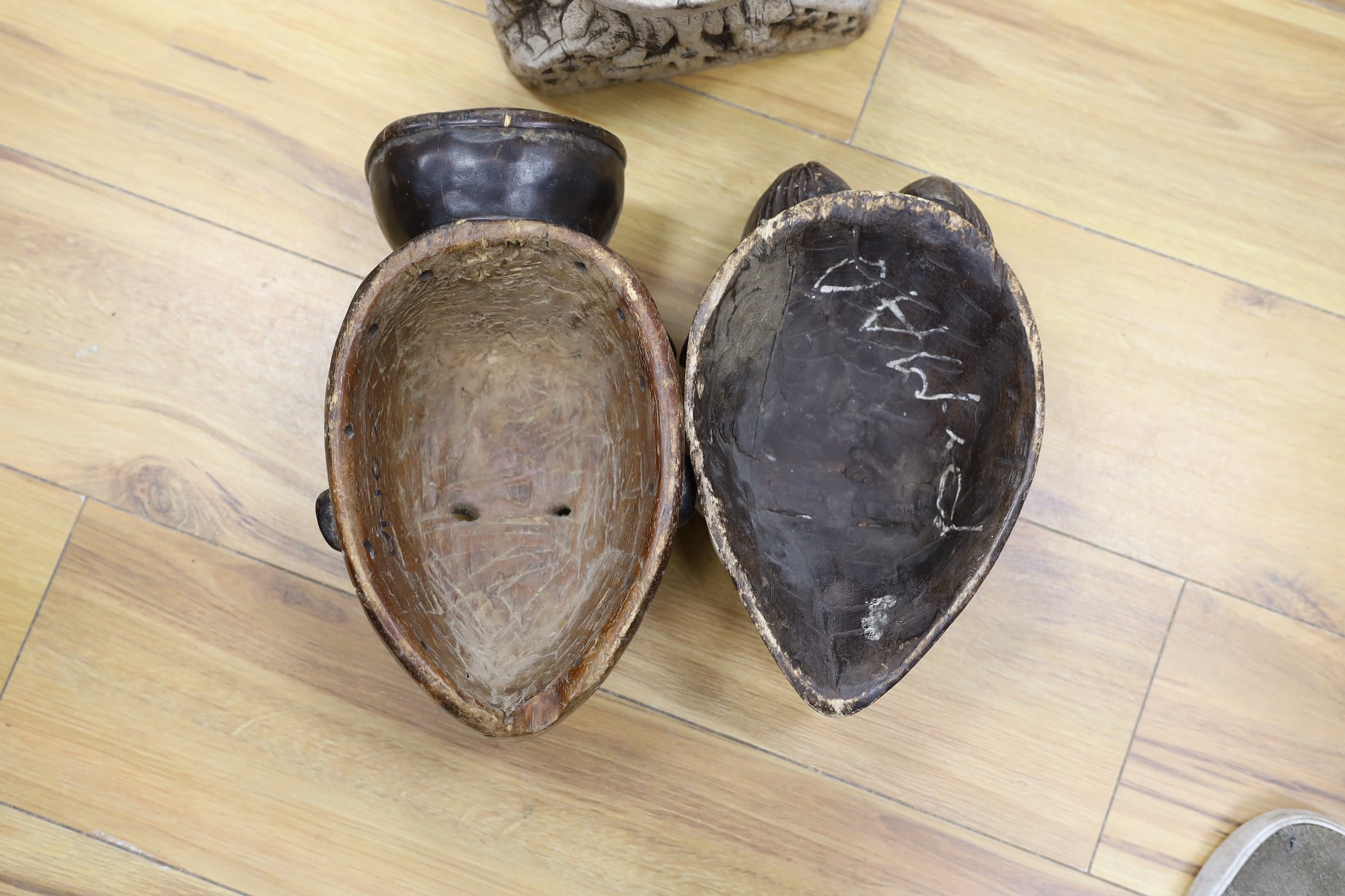 The Two African masks and another carving, tallest mask 30cm high - Image 2 of 2