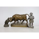 A bronze figure of a cow, together with two other figures, tallest 18cm