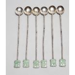 A set of six Chinese white metal and jade set iced tea spoons, by Wai Kee, 19cm.