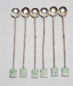 A set of six Chinese white metal and jade set iced tea spoons, by Wai Kee, 19cm.