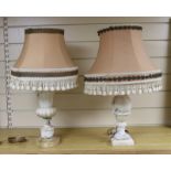 Two alabaster table lamps, 32cms high not including shades and fittings