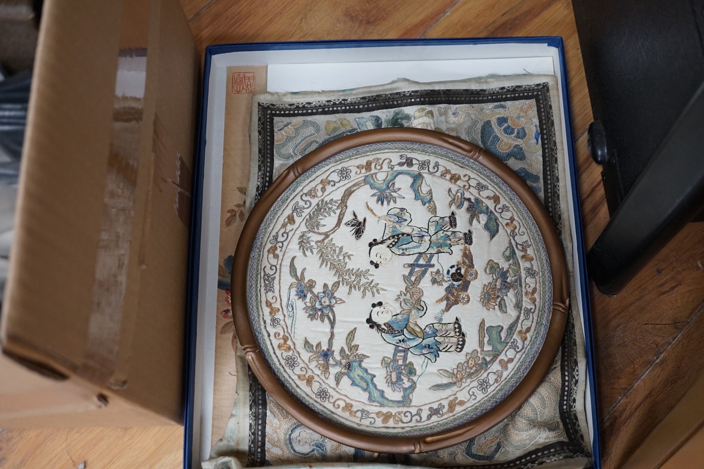 Three framed Chinese embroidered silk sleeve panels, 71 x 37cm, together with two others - Image 2 of 2