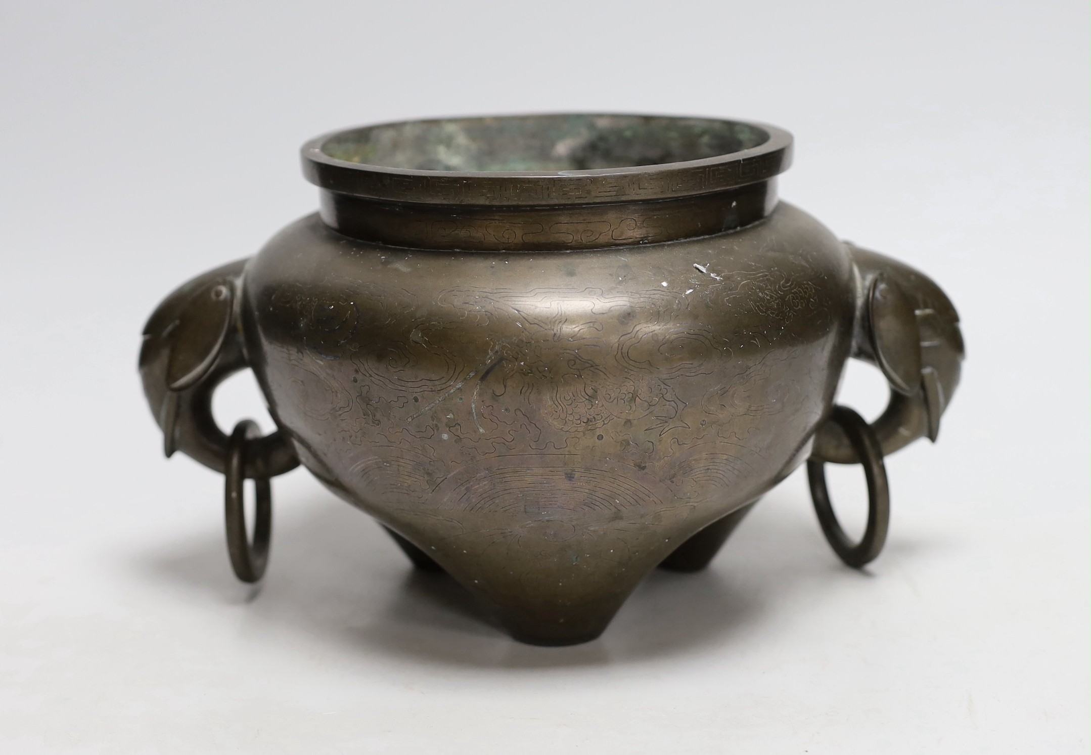 A large Chinese silver inlaid bronze elephant handled censer, signed Sishou, 19th century, 16cms