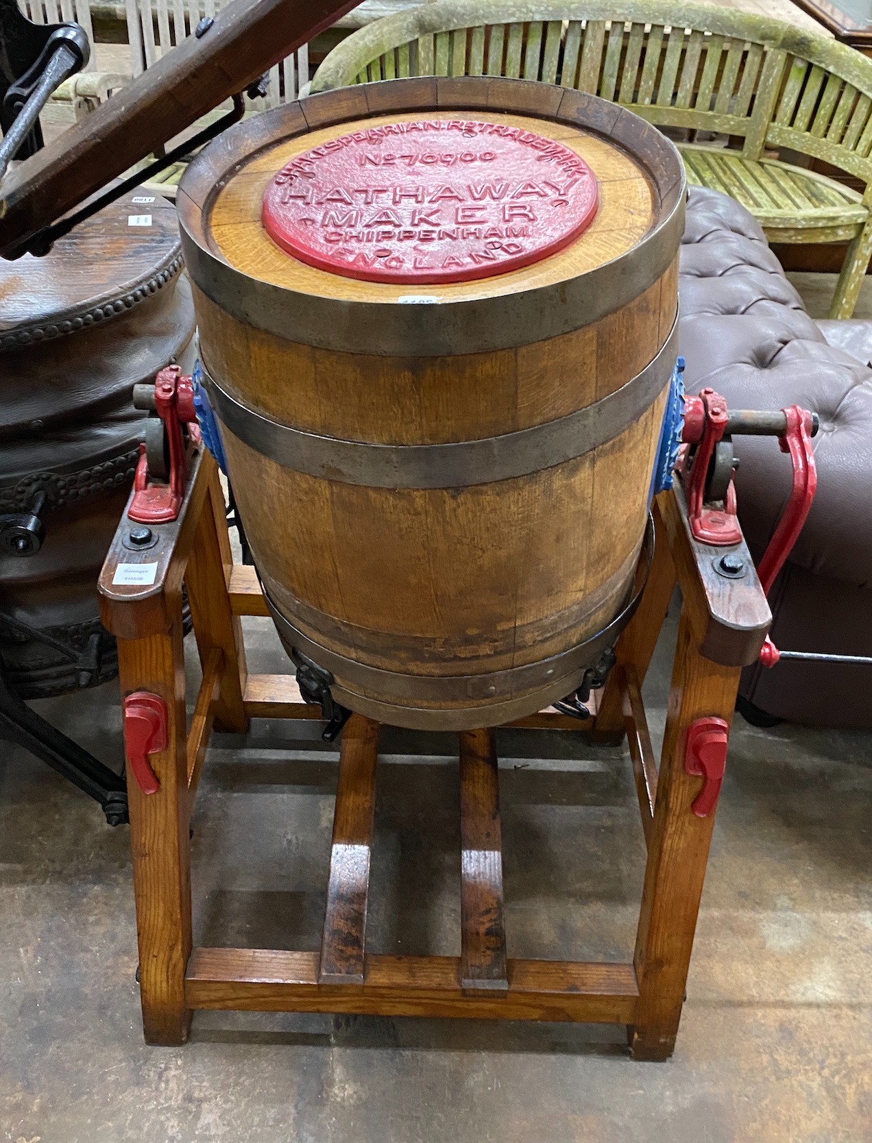 An early 20th century iron bound coopered oak butter churn, by Hathaway of the Chippenham Cheese