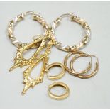 A modern pair of Italian three colour 14k hoop earrings, 35mm, 5.9 grams, a small pair of 750 oval