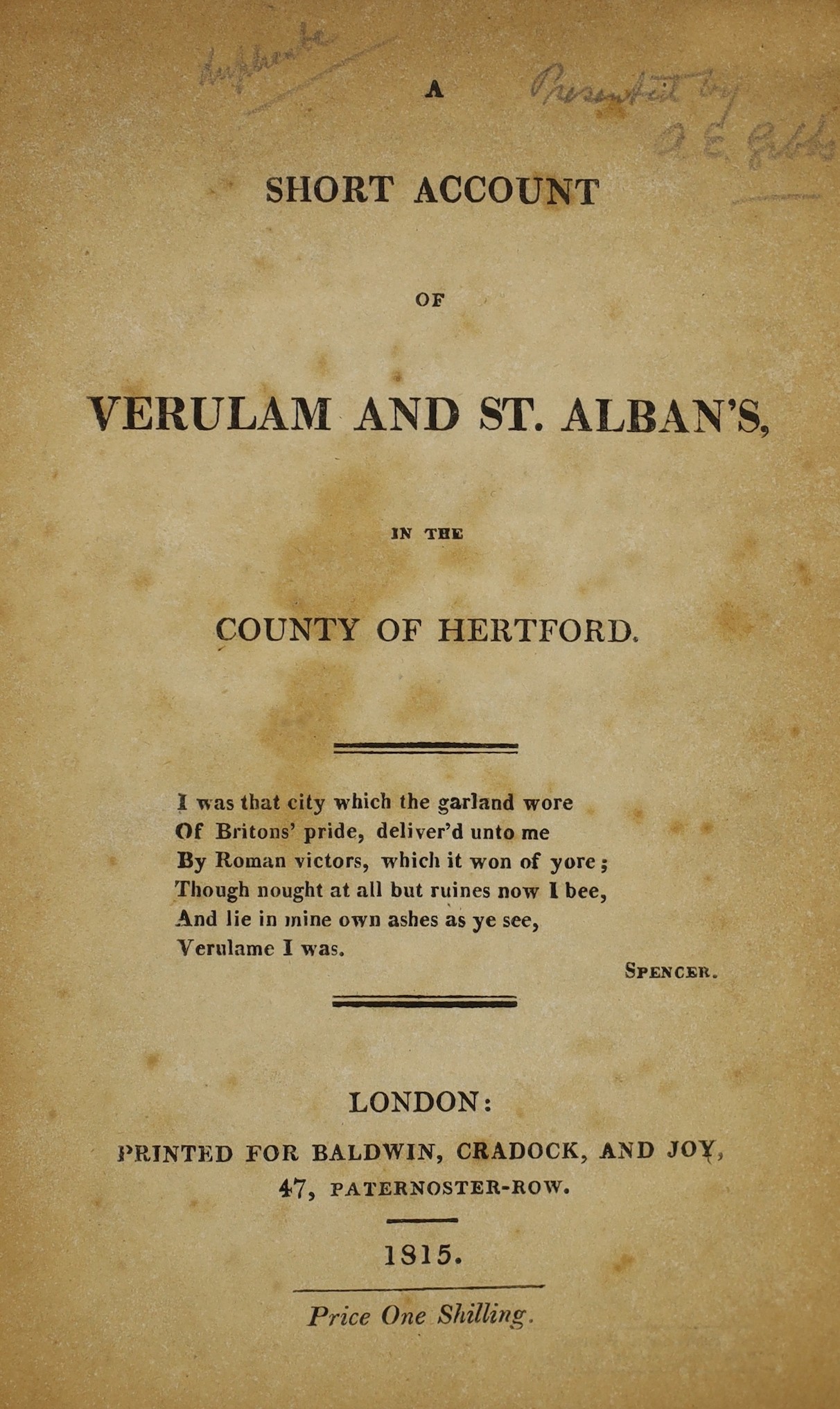 ° ° HERTS: A Short Account of Verulam and St. Albans ... old limp leather cloth, sm.cr.8vo. 1815;