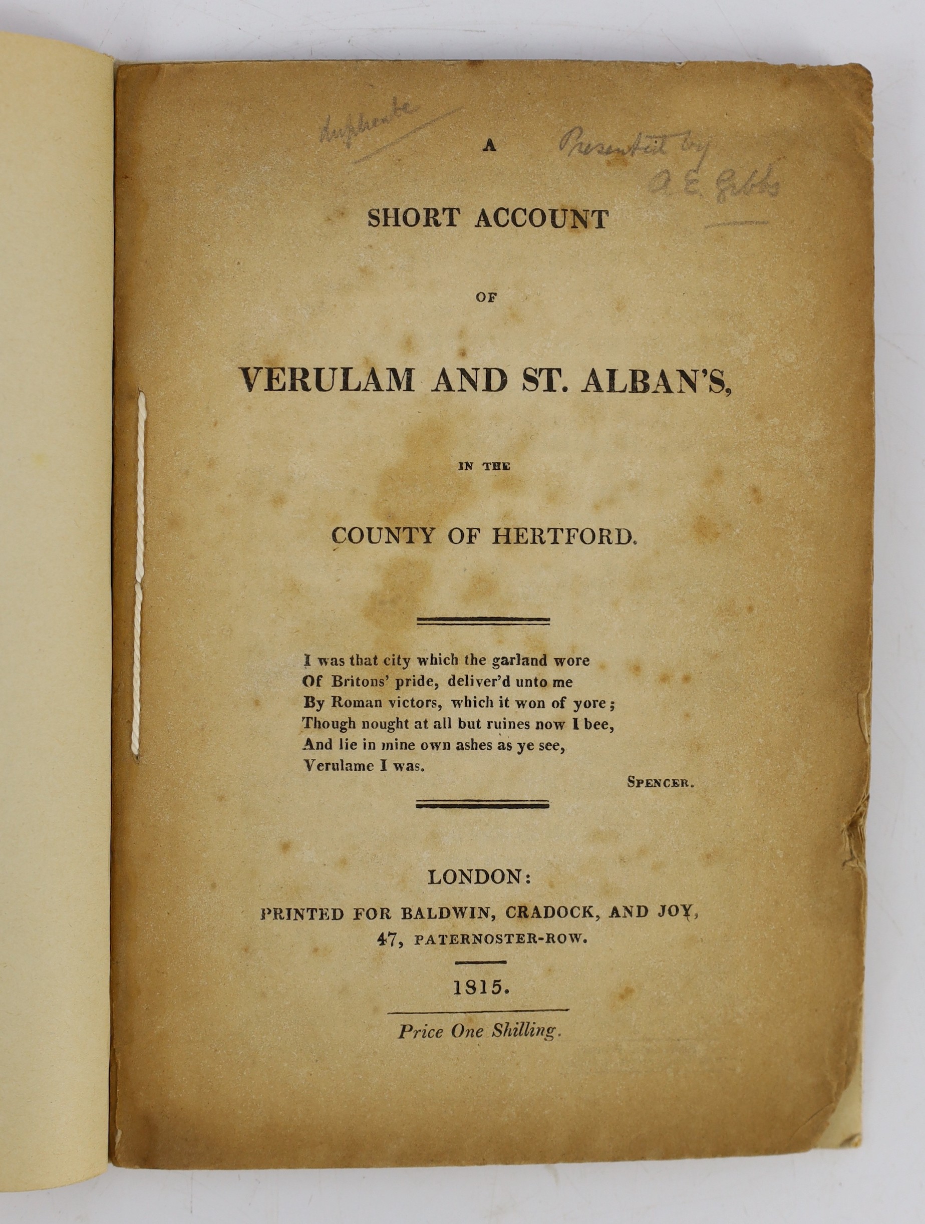 ° ° HERTS: A Short Account of Verulam and St. Albans ... old limp leather cloth, sm.cr.8vo. 1815; - Image 2 of 6