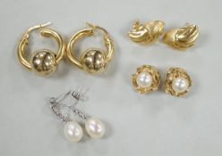 Two pairs of 750 yellow metal earrings, 12.6 grams and two pairs of 375 and cultured pearl set