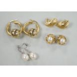 Two pairs of 750 yellow metal earrings, 12.6 grams and two pairs of 375 and cultured pearl set