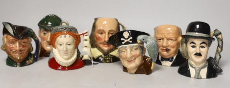Royal Doulton character jugs including Queen Elizabeth I, D6821, Charlie Chaplin, D7145, Winston