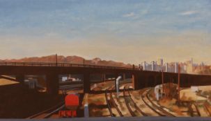 John James (b.1947), oil on canvas, Railway tracks with a castle beyond, initialled and dated ’84,