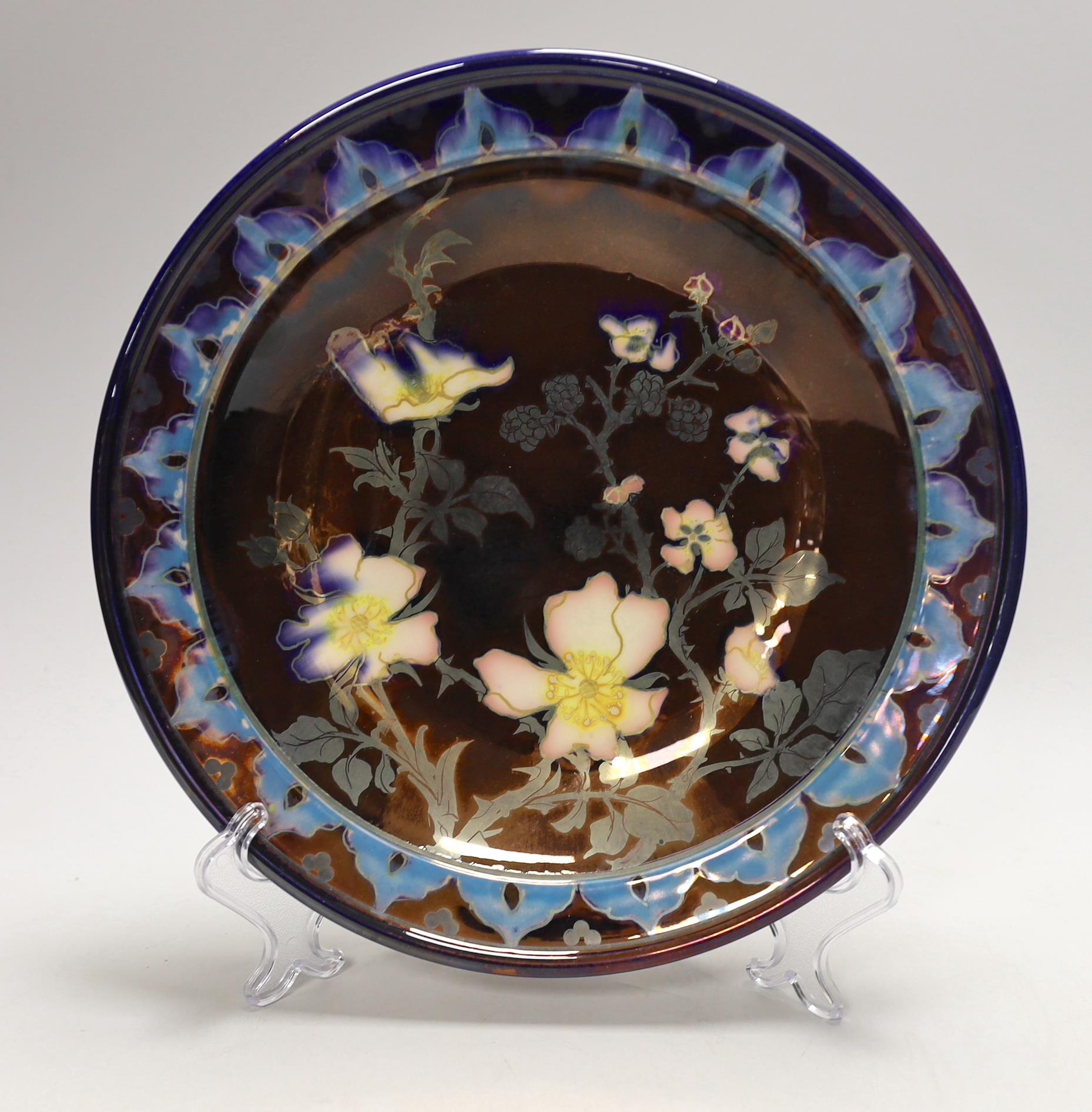 Jonathan Chiswell Jones and Kerry Bosworth - a lustre wall-plate with dog rose, No. 8401, 30cm. - Image 6 of 7