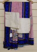 Two Chinese late 19th century lilac silk damask skirts, with polychrome silk front panels
