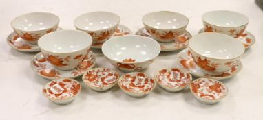 A group of Chinese iron red enamelled ‘sanduo’ bowls, saucers and side dishes, c.1900, Tongzhi and