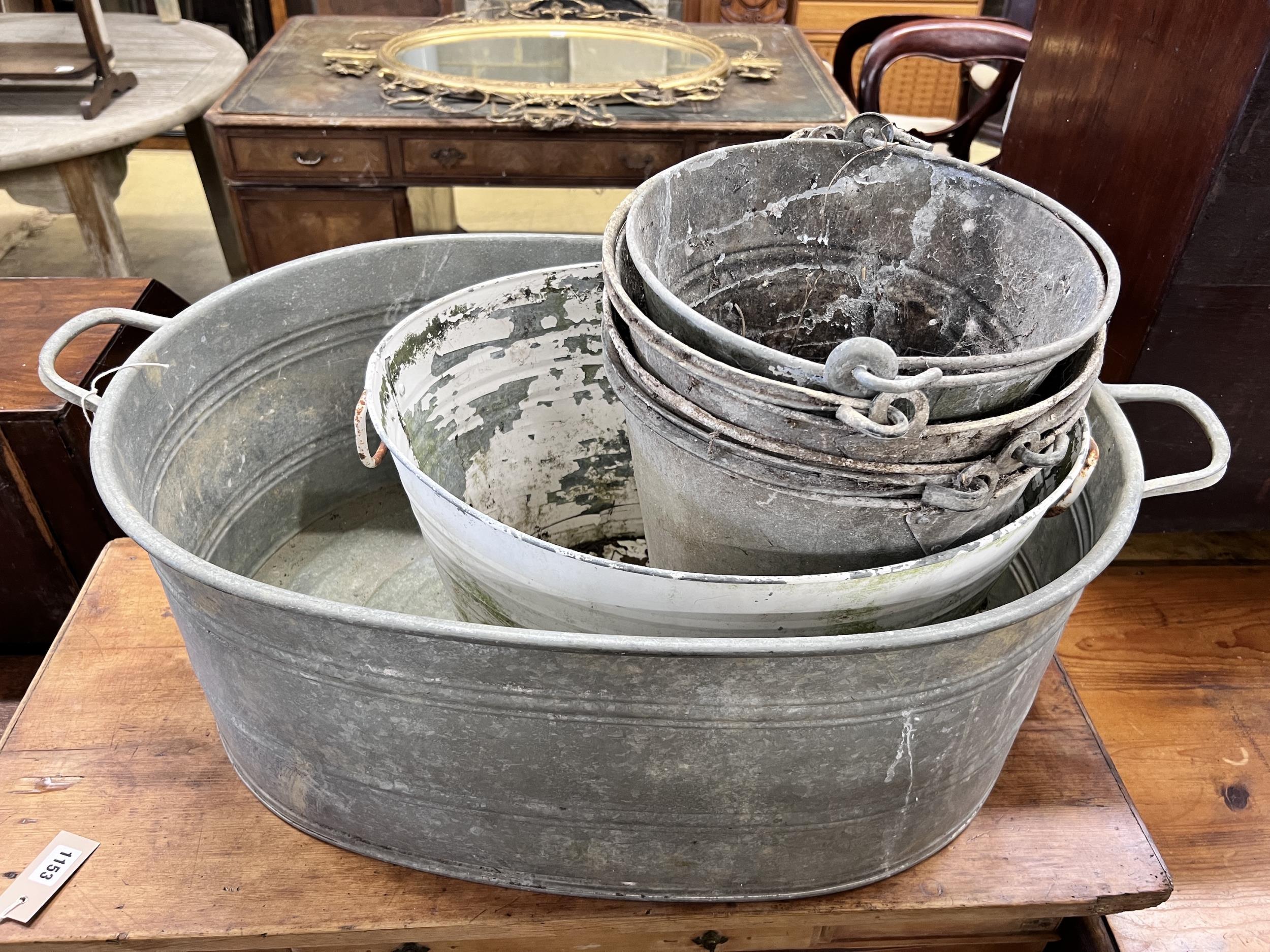 A Victorian galvanised metal wash tub, a white painted pail tub and four assorted buckets, largest - Image 2 of 2