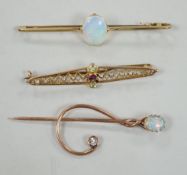 A novelty yellow metal, white opal and diamond set 'treble clef' stick pin, 60mm, a 15ct and white