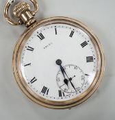 A gold plated Rolex open face keyless pocket watch, with Roman dial and subsidiary seconds.