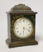 A green lacquer chinoiserie mantel timepiece, 19cm