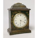 A green lacquer chinoiserie mantel timepiece, 19cm