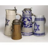 Judaica - three German blue stoneware ‘Star of David’ jugs or steins, and a copper and pewter
