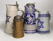 Judaica - three German blue stoneware ‘Star of David’ jugs or steins, and a copper and pewter