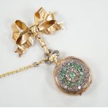 A lady's late 19th century French? yellow metal, emerald and rose cut diamond cluster set fob watch,