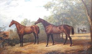 English School c.1900, oil on canvas, Portrait of two racehorses standing in parkland, a groom and