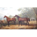 English School c.1900, oil on canvas, Portrait of two racehorses standing in parkland, a groom and