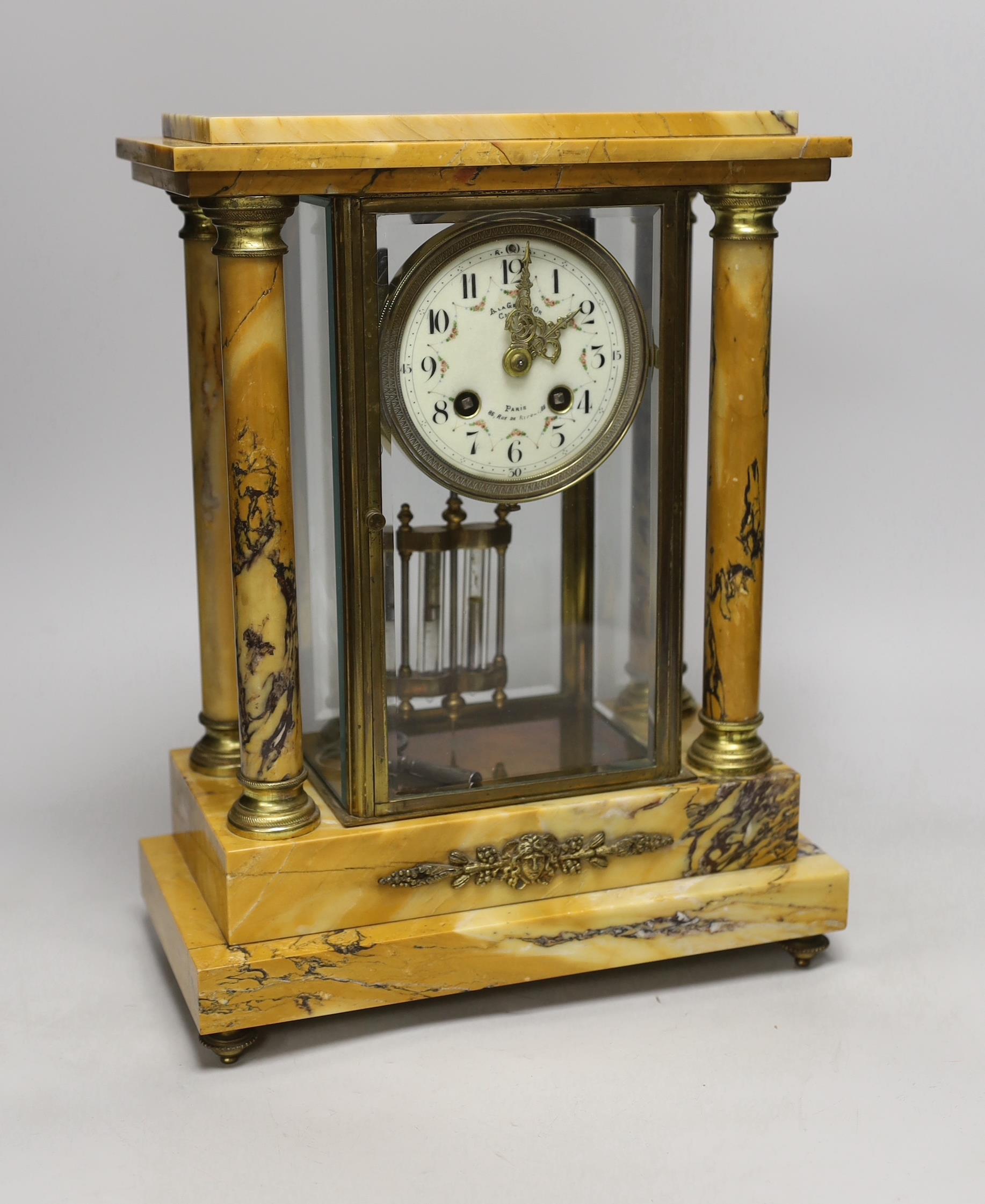 A French Sienna marble four glass portico clock, 36cm