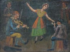 P.E.L., 17th century style, oil on panel, Musicians and dancing woman, initialled, 10 x 13cm