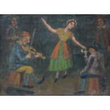 P.E.L., 17th century style, oil on panel, Musicians and dancing woman, initialled, 10 x 13cm