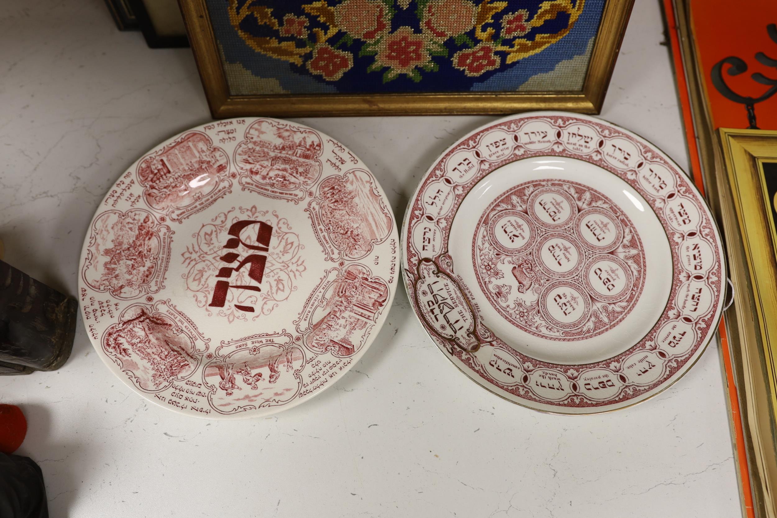 Judaica - two 1920's Ridgways pottery Passover plates, a needlepoint picture and two prints - Image 3 of 4