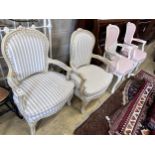 Two pairs of cream painted Louis XVI style fauteuil, heights 95cm and 91cm