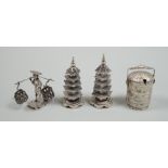 A Chinese white metal 'wedding basket' by Wang Hing, 63mm, a pair of similar white metal pagoda
