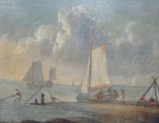 Follower of Thomas Luny, oil on wooden panel, Fisherfolk along the shore, 18.5 x 23.5cm