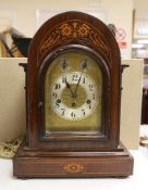 An Edwardian marquetry and inlaid chiming mantel clock, 45cm