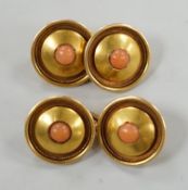 A pair of yellow metal and coral bead set cufflinks, 13mm, gross weight 9.3 grams.