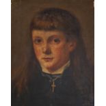 19th century English school, oil on canvas, Portrait of a youth wearing a crucifix, 34 x 27cm,