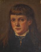 19th century English school, oil on canvas, Portrait of a youth wearing a crucifix, 34 x 27cm,